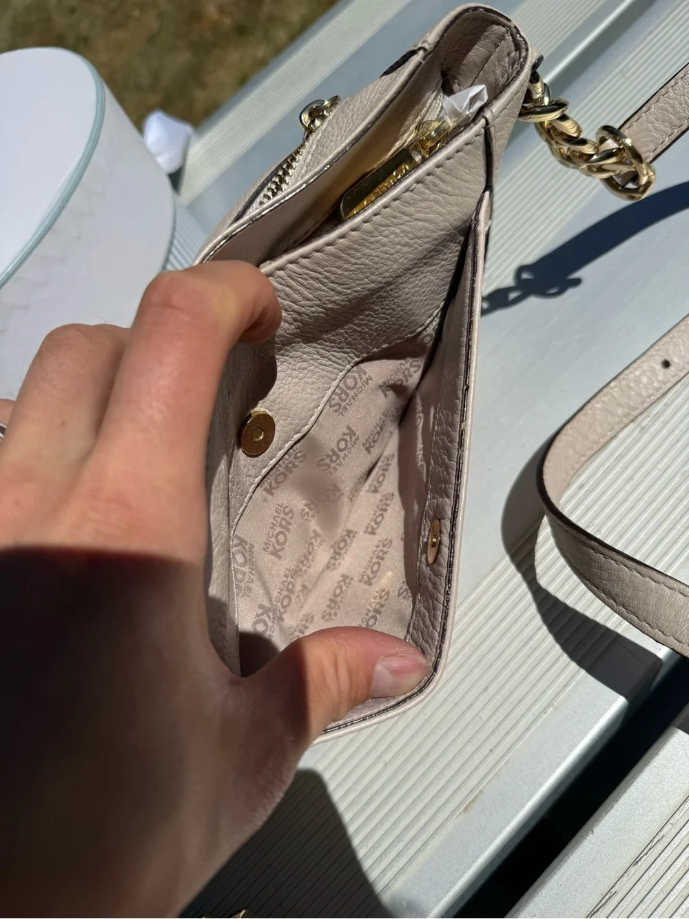 Michael Kors Pebbled Leather Crossbody in Light Taupe with Gold Hardware